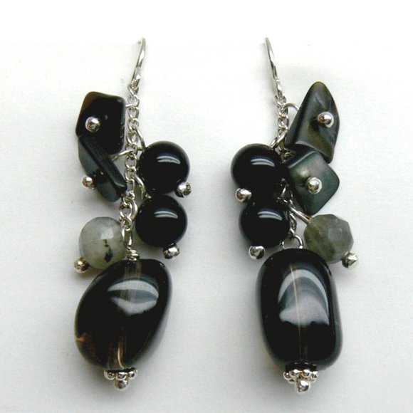 Black Onyx Labradorite Quartz Silver Earrings - Picture 2 of 4